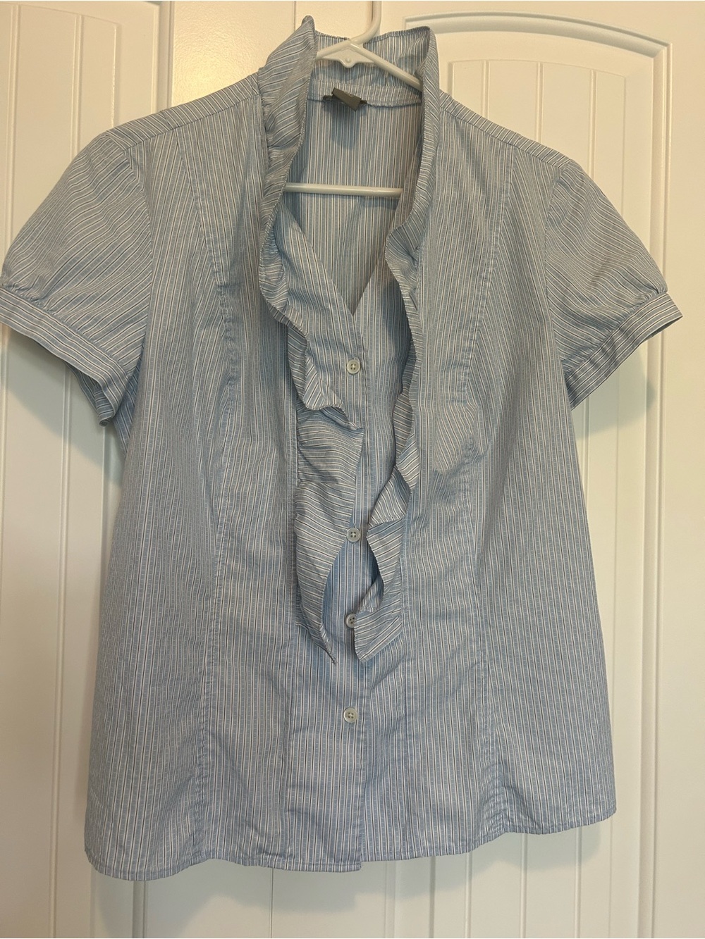 Ann Taylor Light Blue & White Striped Ruffle-Front Button Down Blouse